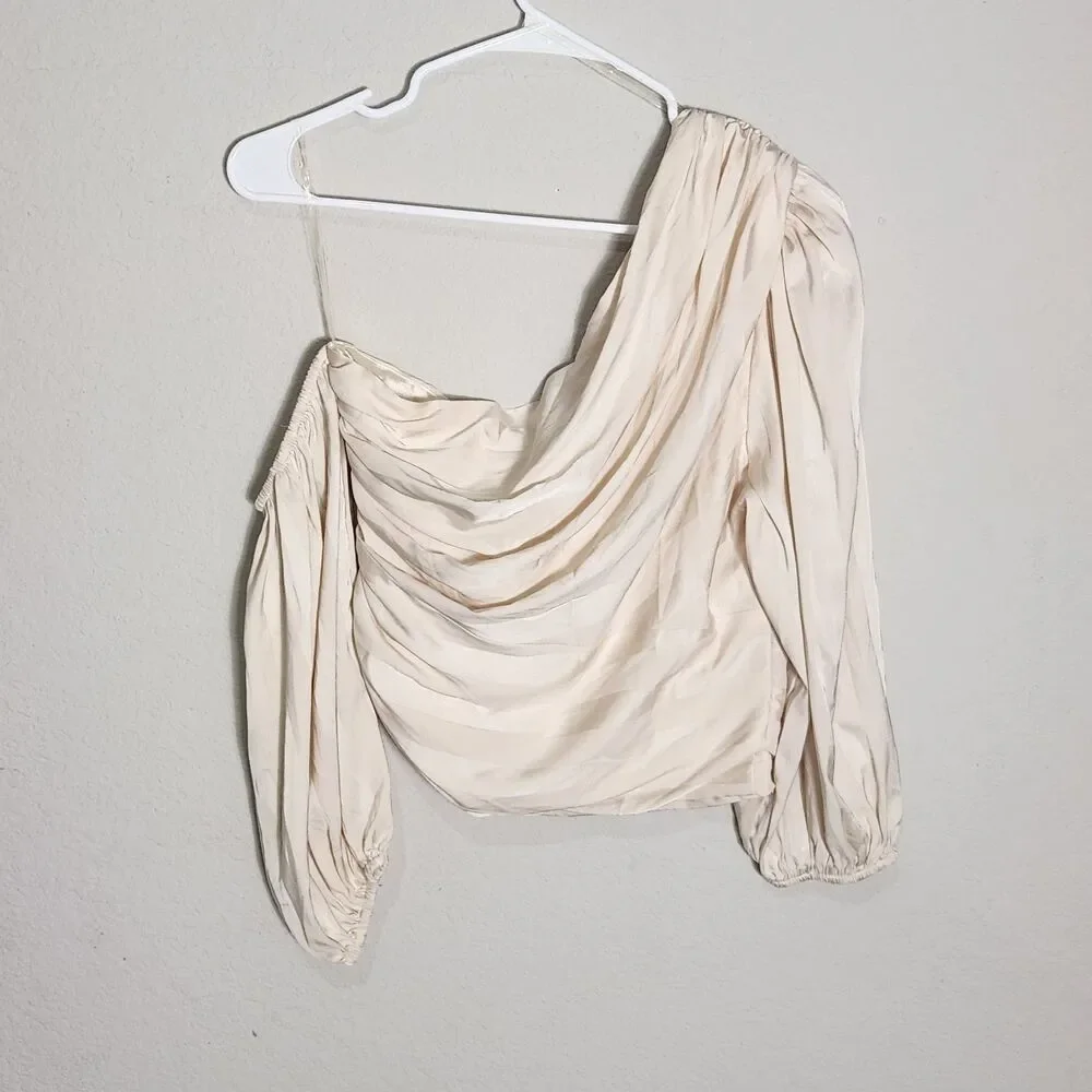 DO+BE One Shoulder Satin Blouse Women's M Ivory Ruched Puff Sleeve Party Top